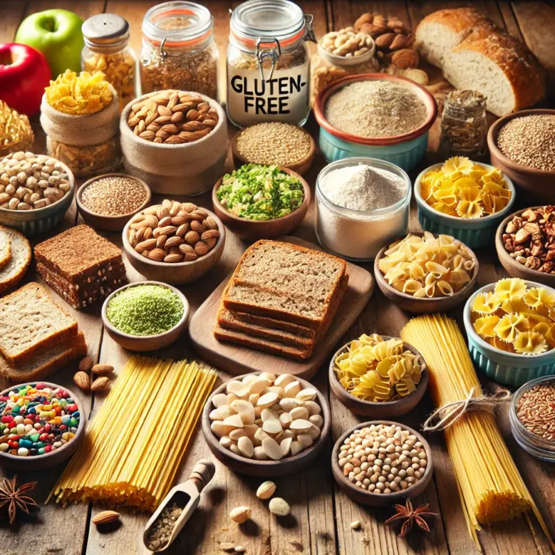 Assortment of gluten free ingredients like pasta, bread, and nuts displayed on a wooden table for on the go meal preparation