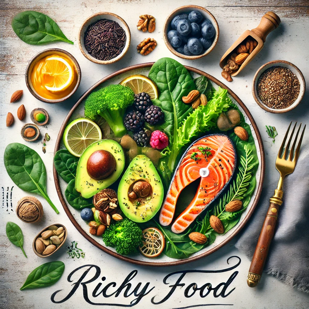 A vibrant meal showcasing the modified keto diet, featuring nutrient-rich foods like avocados, grilled salmon, leafy greens, nuts, and berries