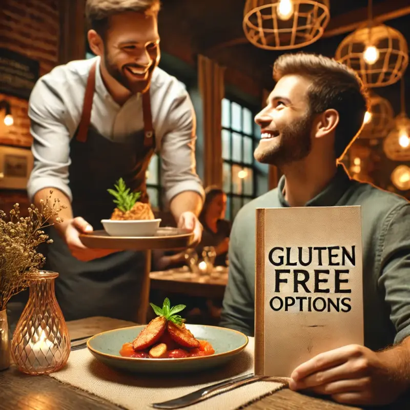 Diner menu featuring gluten free food options, with a happy customer being served a gluten free meal