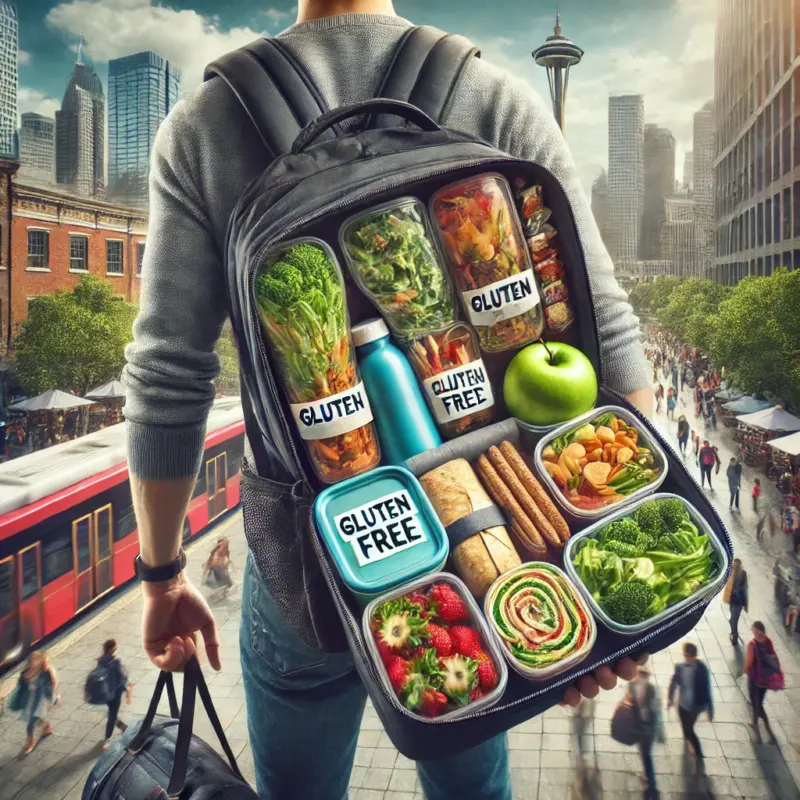 Person with a backpack filled with gluten-free food on the go, showing quick meal prep containers and snacks like fresh salads, wraps, fruit, and energy bars near a busy cityscape, highlighting convenient gluten-free options for travel and busy days