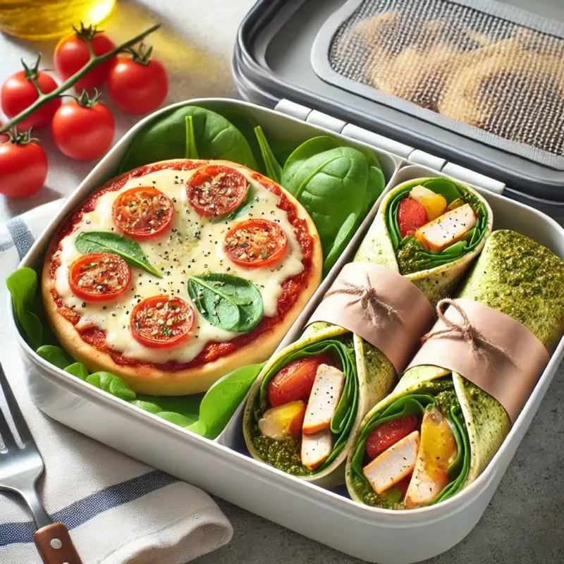 Gluten free lunchbox with mini pizza and vegetable wraps, designed for a convenient and healthy on the go meal