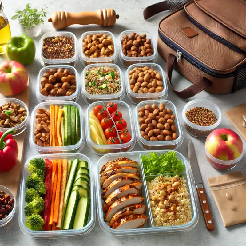 Variety of gluten free packed lunches with vegetables, nuts, and grilled chicken, perfect for healthy on the go eating