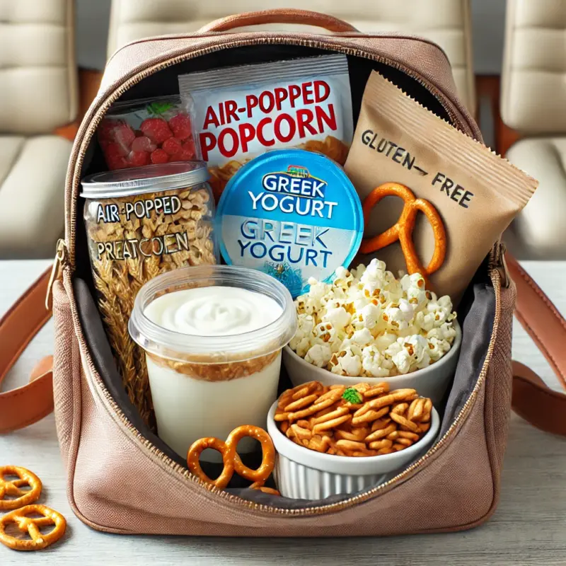 Backpack packed with gluten free snacks including popcorn, yogurt, and pretzels, ready for on the go eating