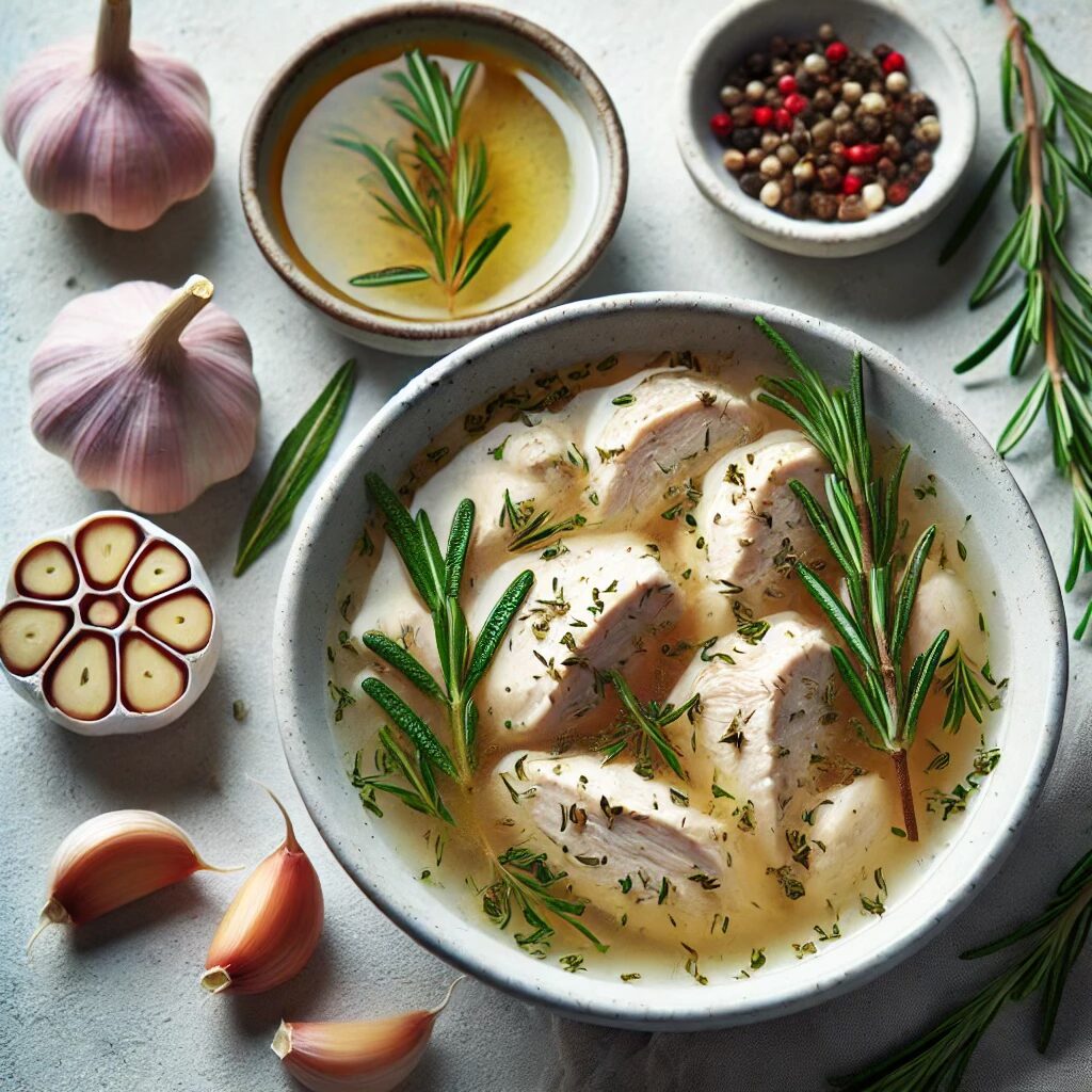 Low-calorie garlic and herb chicken soup with rosemary in chicken broth, nutrient-dense paleo soup.