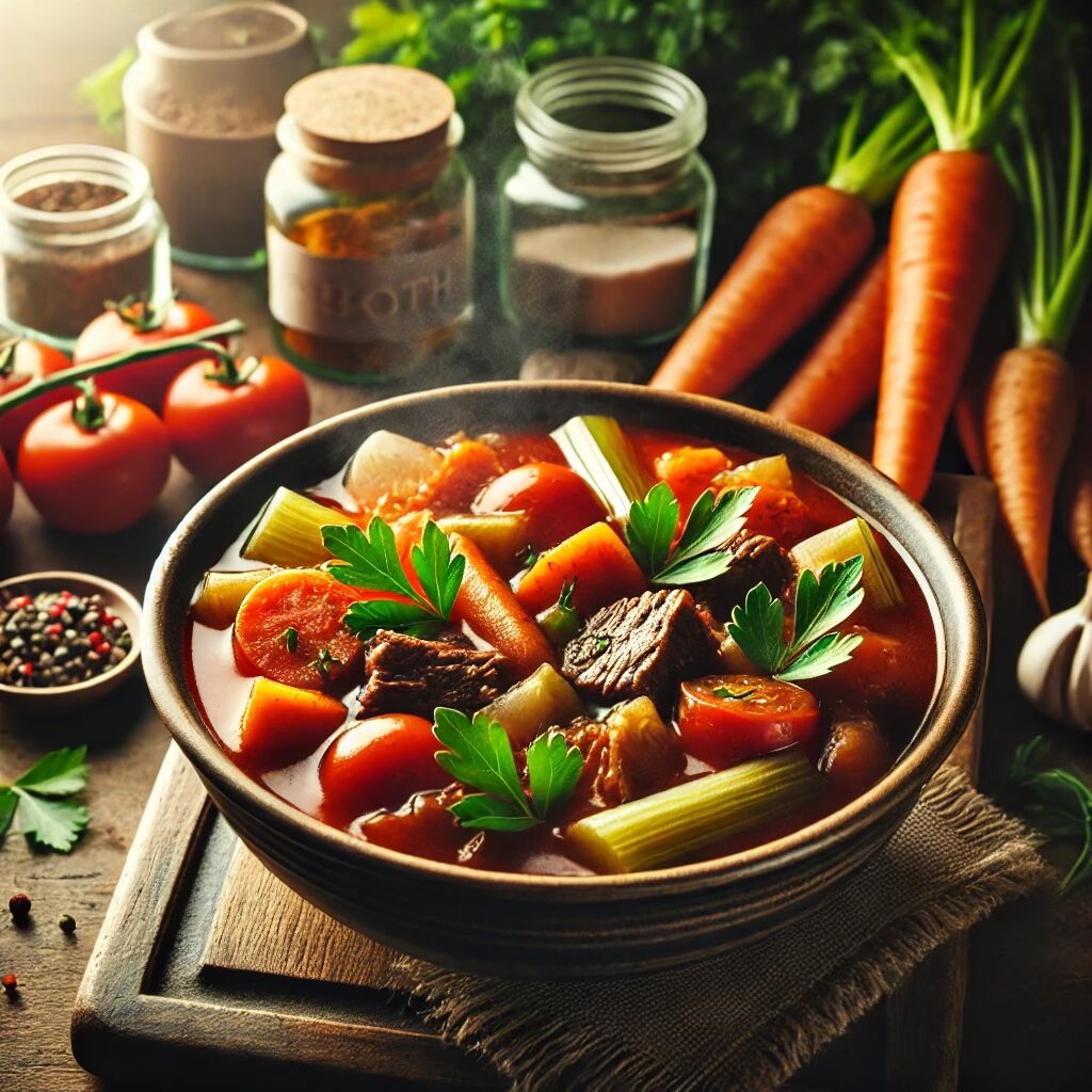 Classic paleo beef and vegetable stew with carrots, celery, and bone broth, Whole30 friendly.