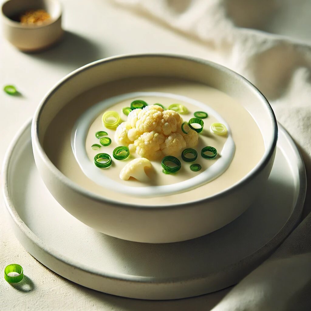 Dairy-free creamy cauliflower and leek soup with coconut milk, keto-friendly paleo soup.