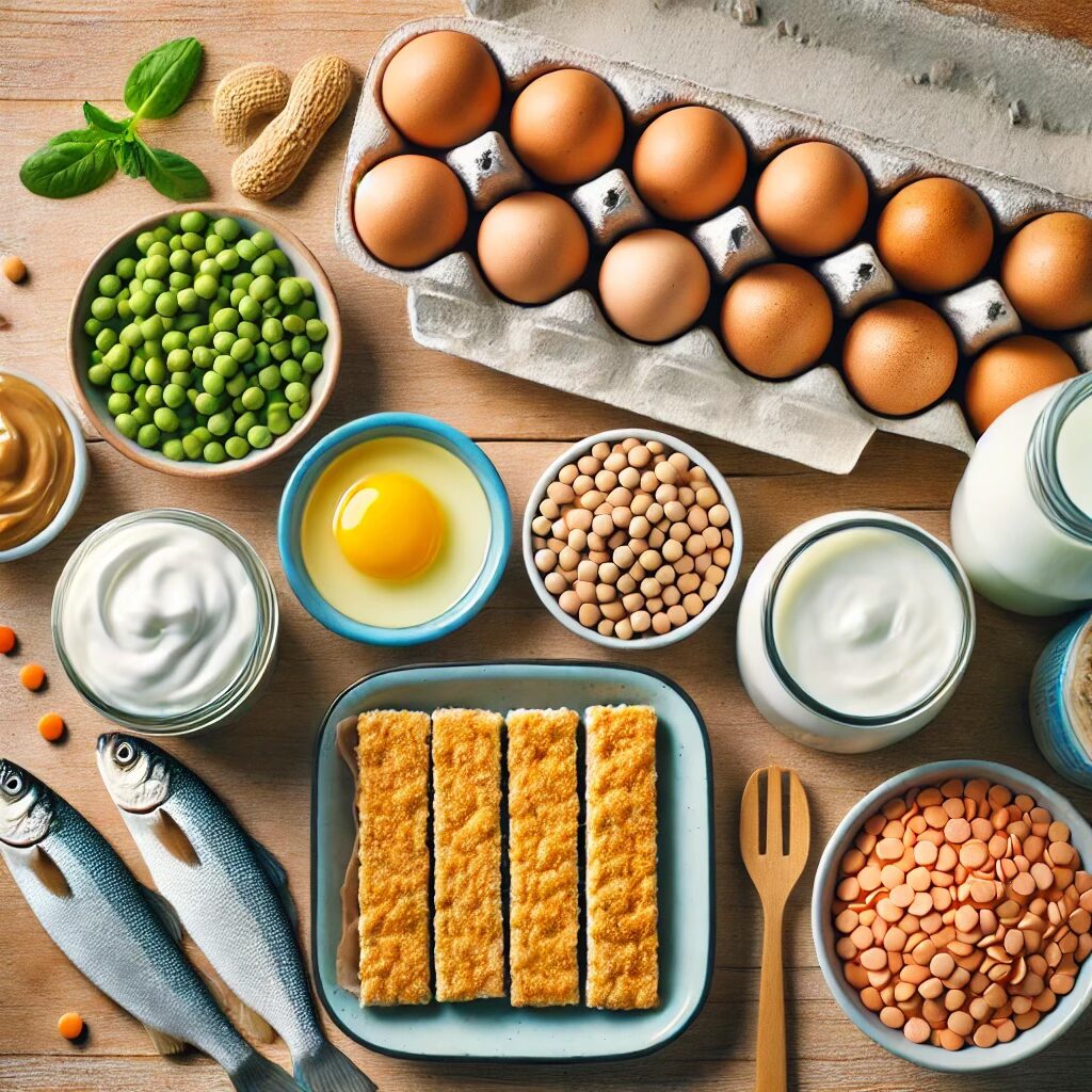 Flat-lay of high protein foods for picky eaters, including eggs, peanut butter, lentils, soy milk, fish sticks, and Greek yogurt on a clean wooden surface.