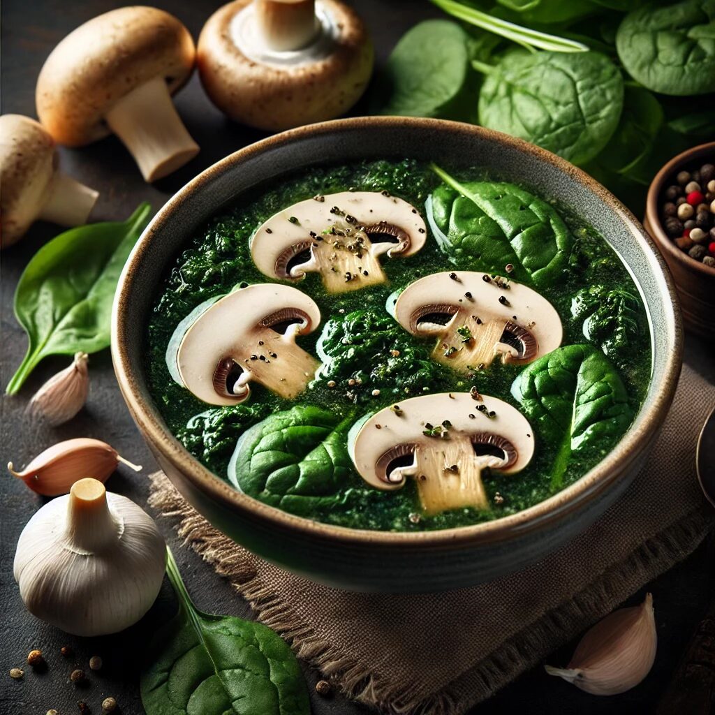 Nutritious mushroom and spinach soup with bone broth and garlic, low-calorie paleo soup.