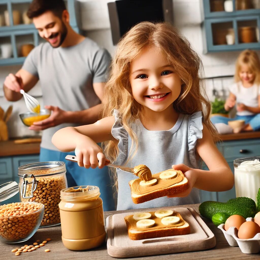 A child spreading peanut butter on toast while helping prepare high protein foods for picky eaters in a cheerful, modern kitchen