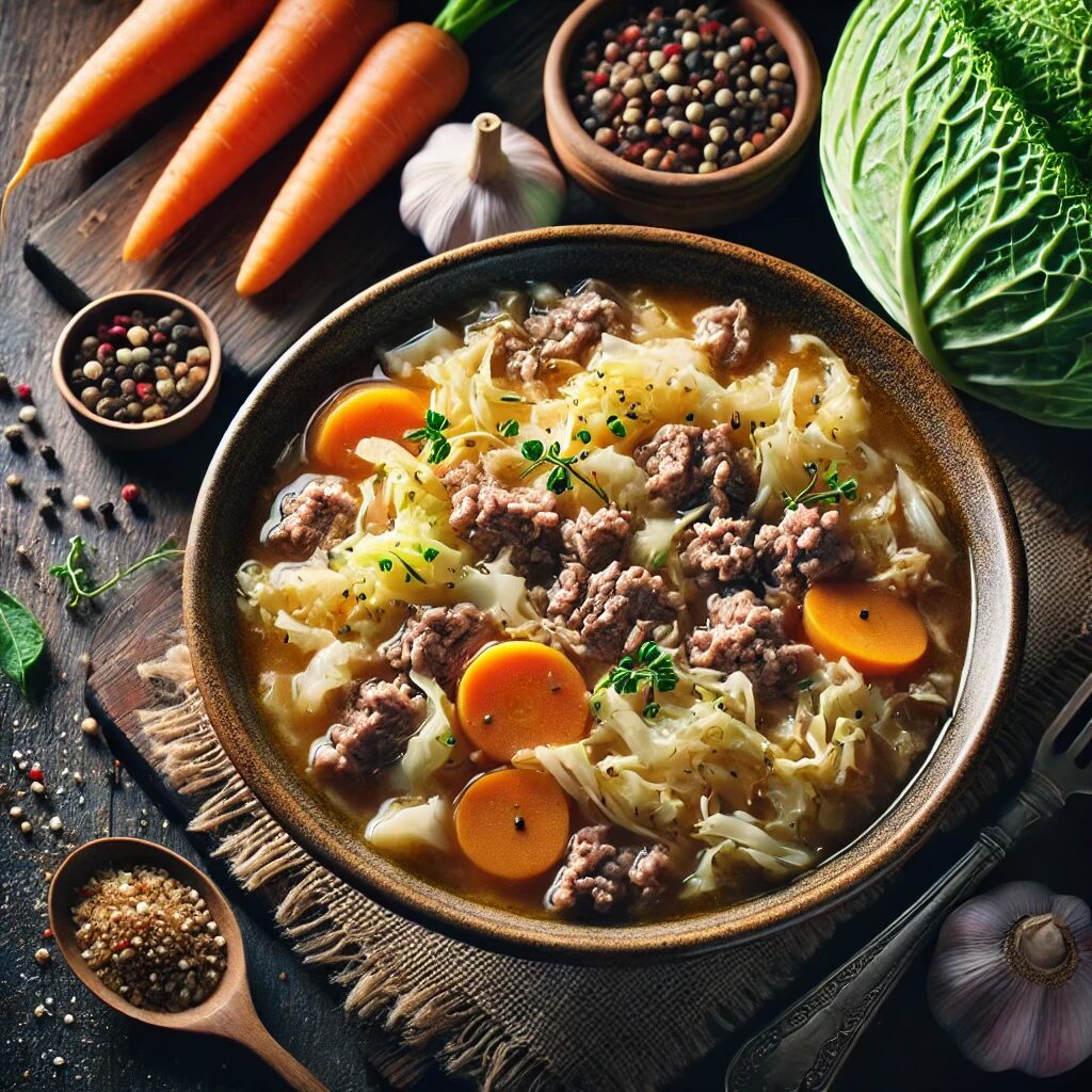 High-protein beef and cabbage soup with carrots, low-carb paleo-friendly option for colder months.