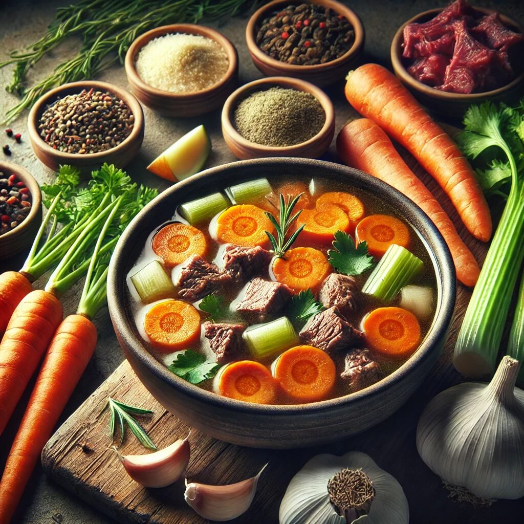 Hearty beef and vegetable soup with carrots, celery, and fresh herbs, perfect for a paleo diet soup