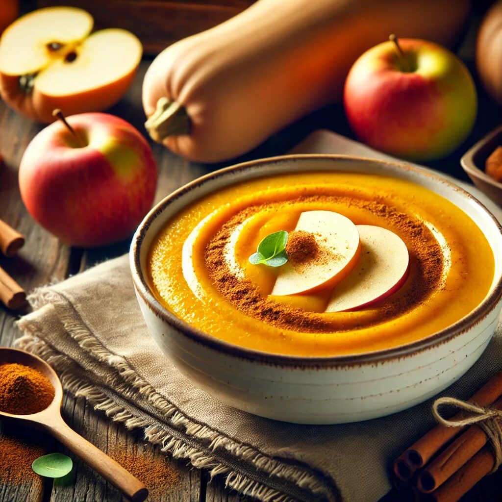 Smooth vegan butternut squash and apple soup with cinnamon, paleo and gluten-free.