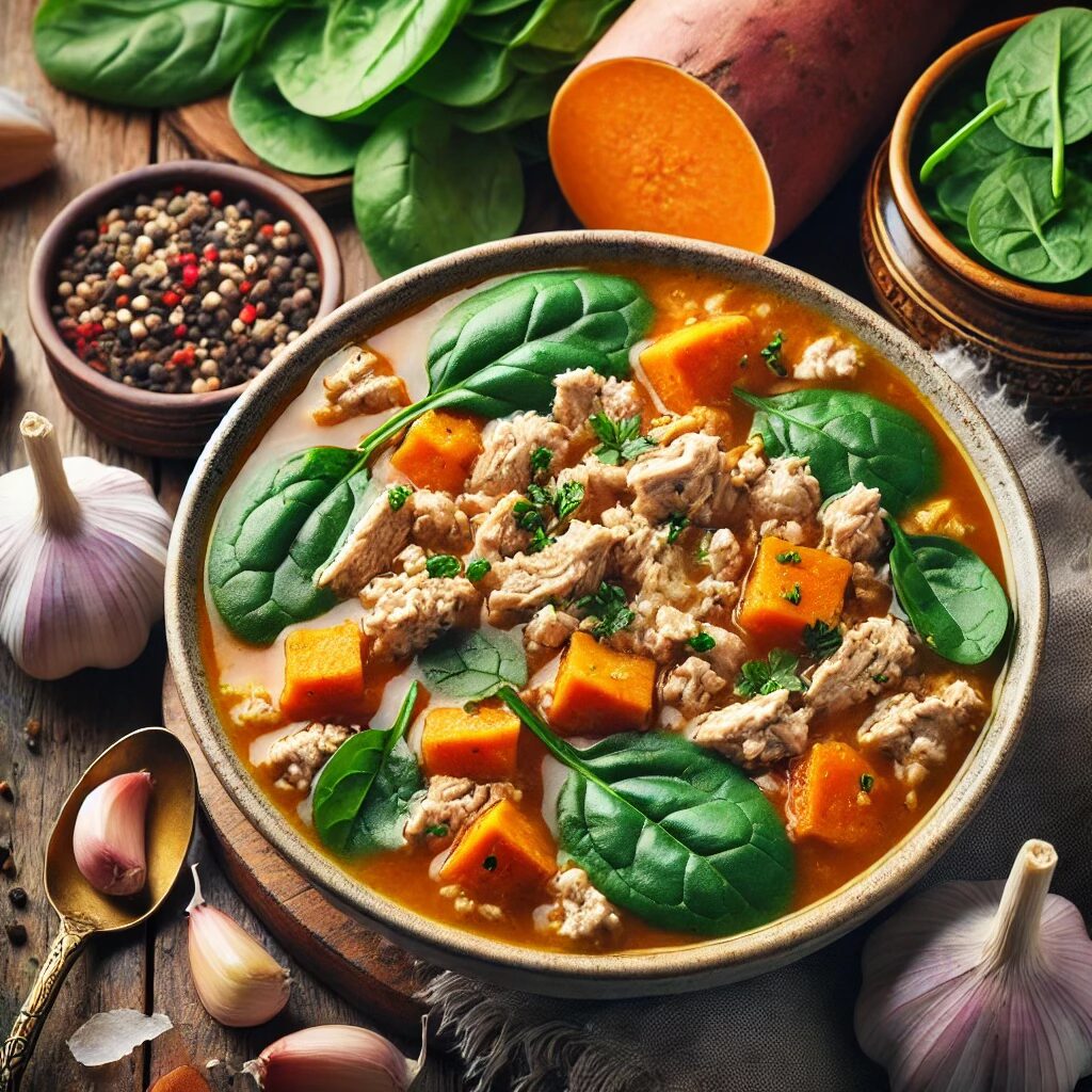 Whole 30 compliant turkey and sweet potato soup with spinach and garlic, paleo-friendly comfort food.