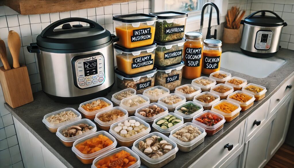 Meal prep for paleo diet soups with various containers labeled mushroom soup, creamy coconut soup, and more, alongside two Instant Pots