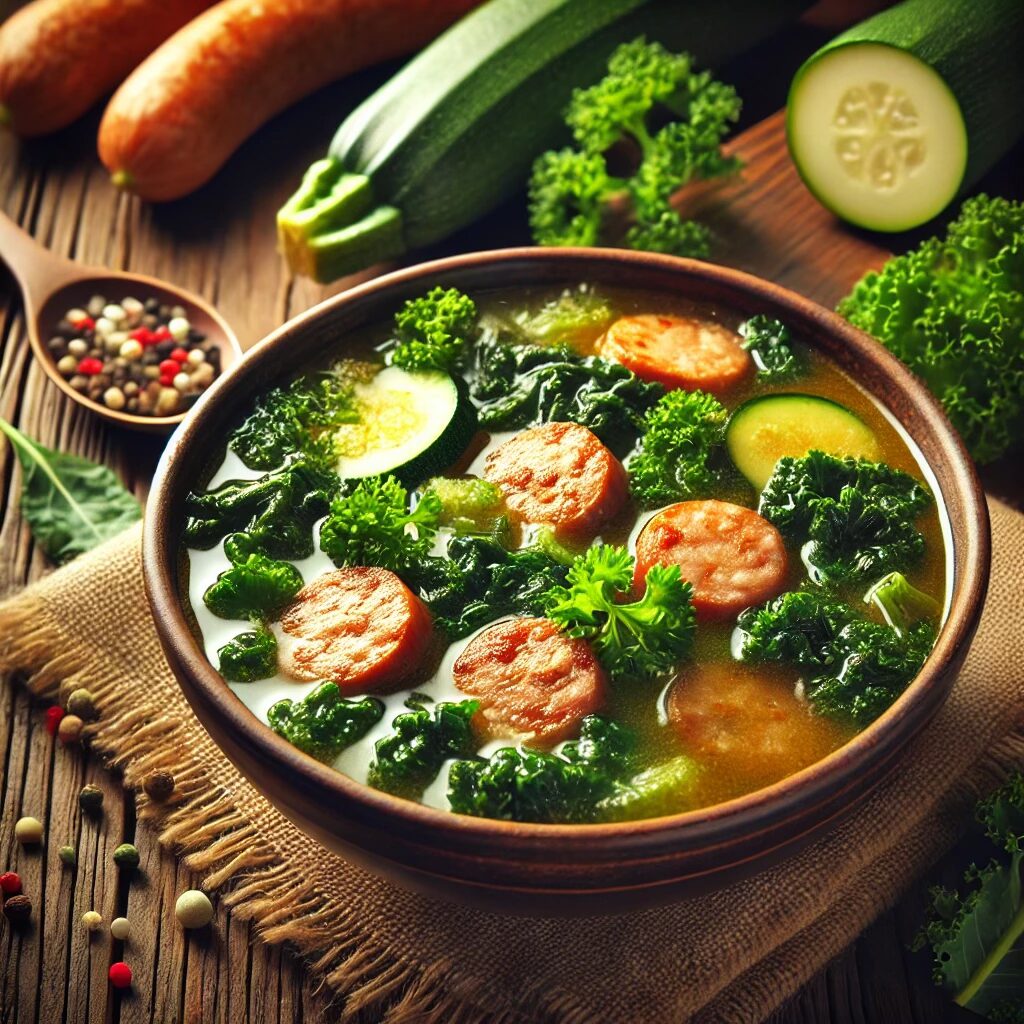 Hearty Italian sausage and kale soup with zucchini and bone broth, Whole30 compliant paleo soup