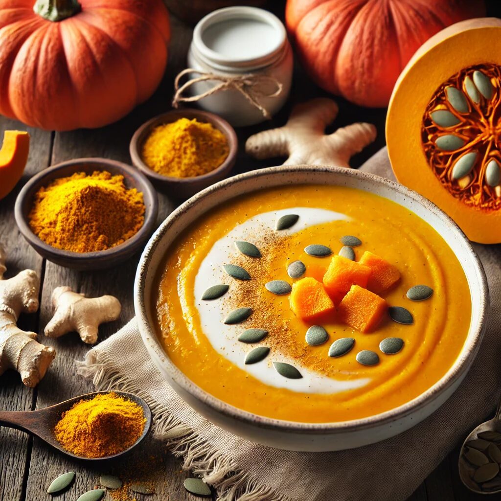 Vegan and dairy-free pumpkin coconut soup with toasted pumpkin seeds, ginger, and turmeric.