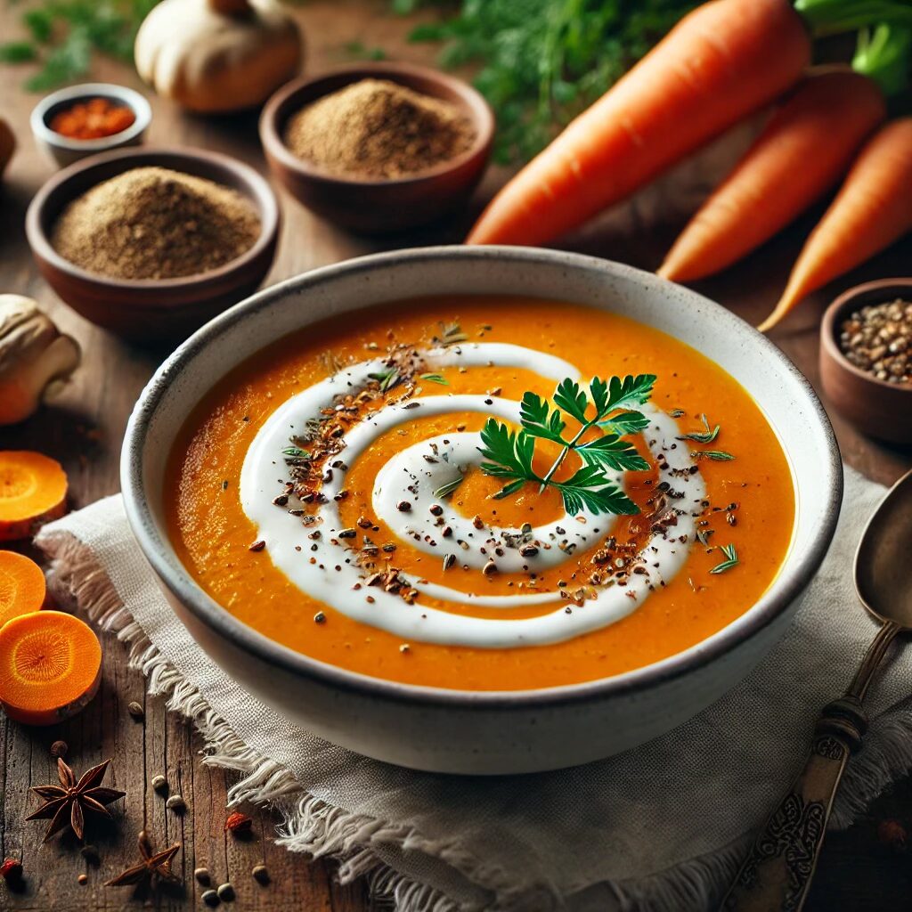 Mildly sweet carrot and parsnip soup with coconut milk and cumin, fiber-rich vegan paleo soup.