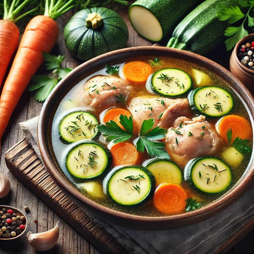 Low-carb paleo chicken and vegetable soup with chicken thighs, zucchini, carrots, and parsley in clear broth.