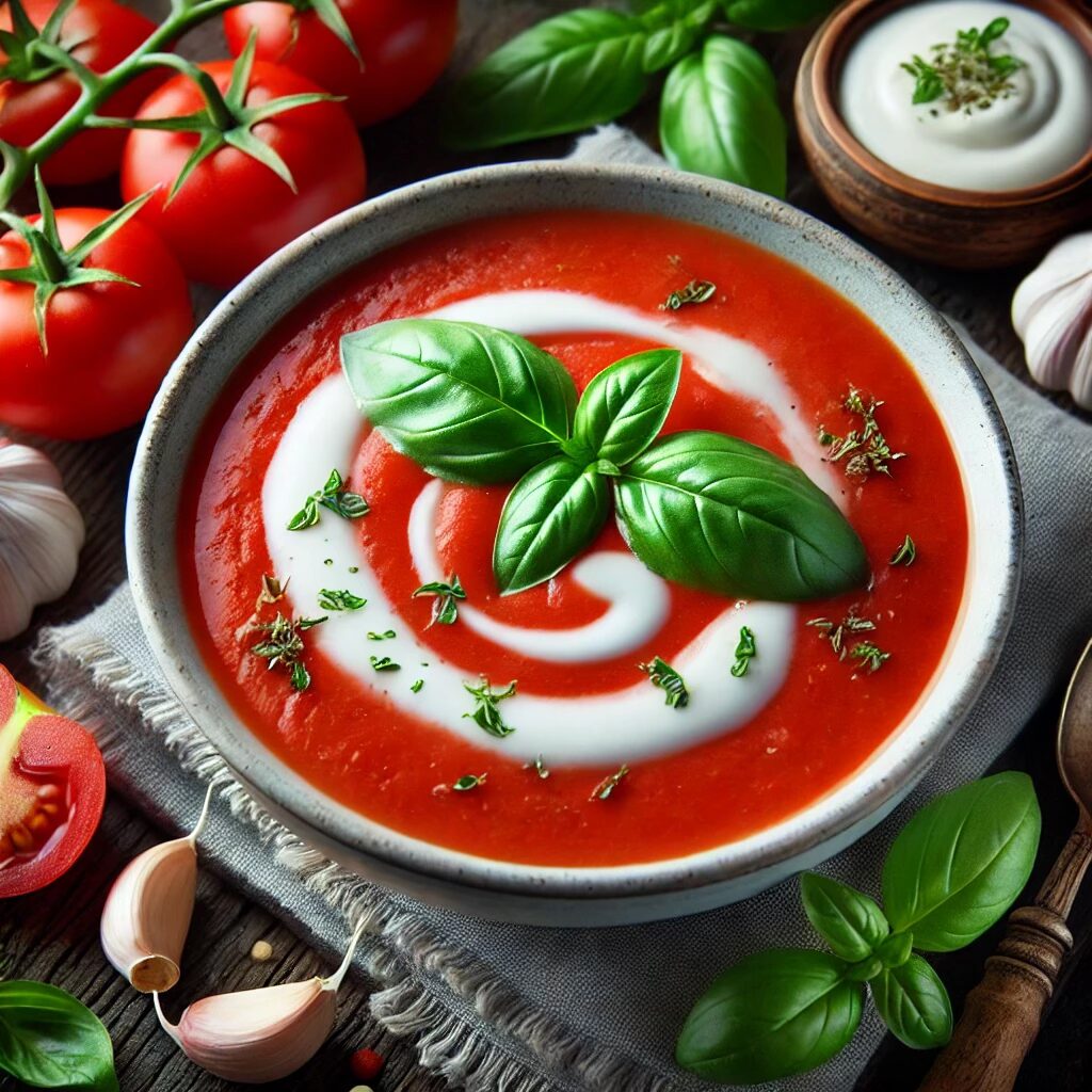 Dairy-free tomato basil soup with creamy coconut milk and fresh basil leaves, vegan paleo-friendly option