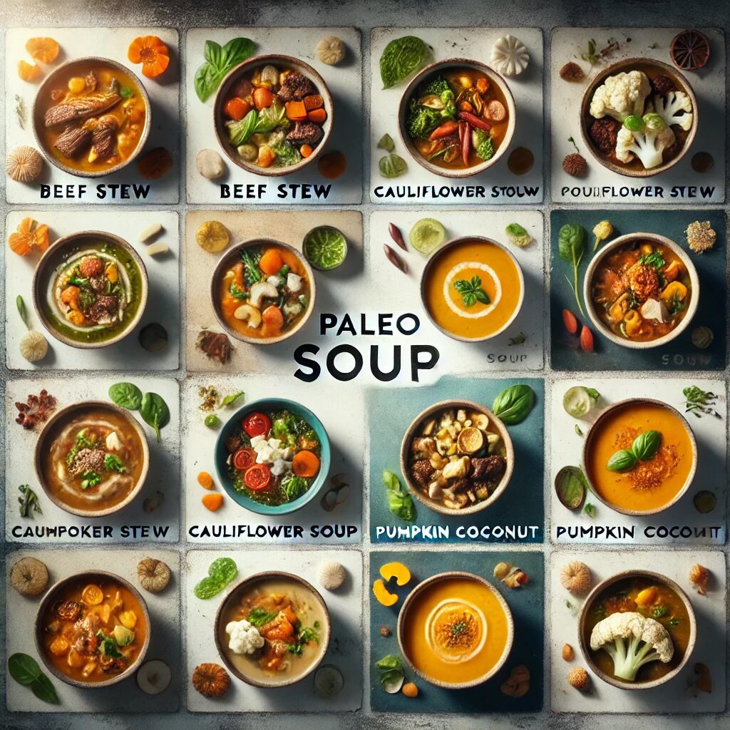 Collage of different paleo diet soups including beef stew, cauliflower soup, and pumpkin coconut soup, highlighting variety in paleo soup recipes.