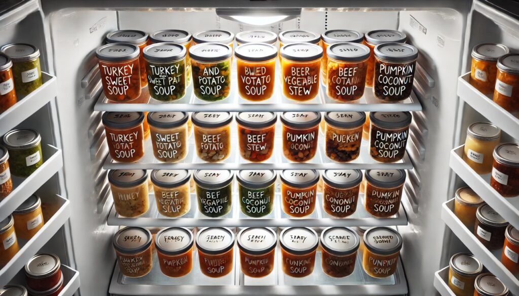 Organized refrigerator with labeled jars of various paleo diet soups like turkey sweet potato soup, beef stew, and pumpkin coconut soup.