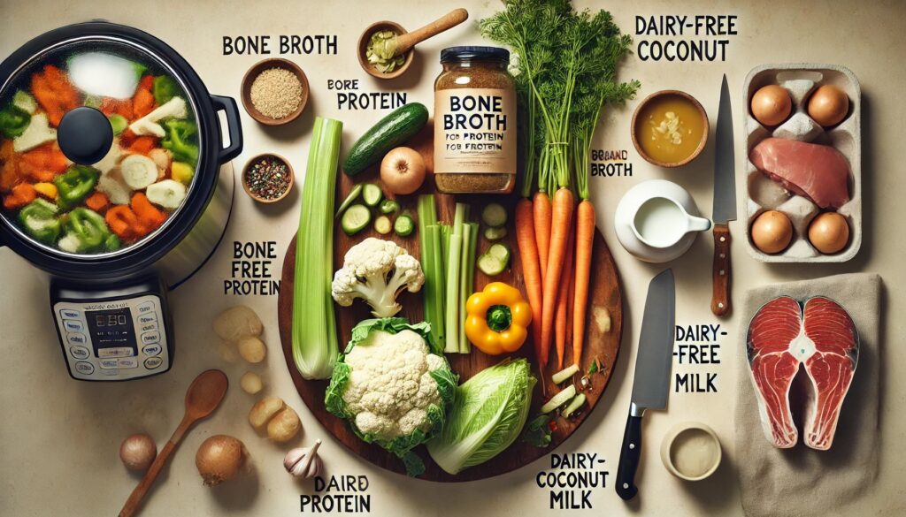 Display of paleo soup ingredients including bone broth, carrots, celery, and dairy-free coconut milk, ideal for preparing paleo diet soups.