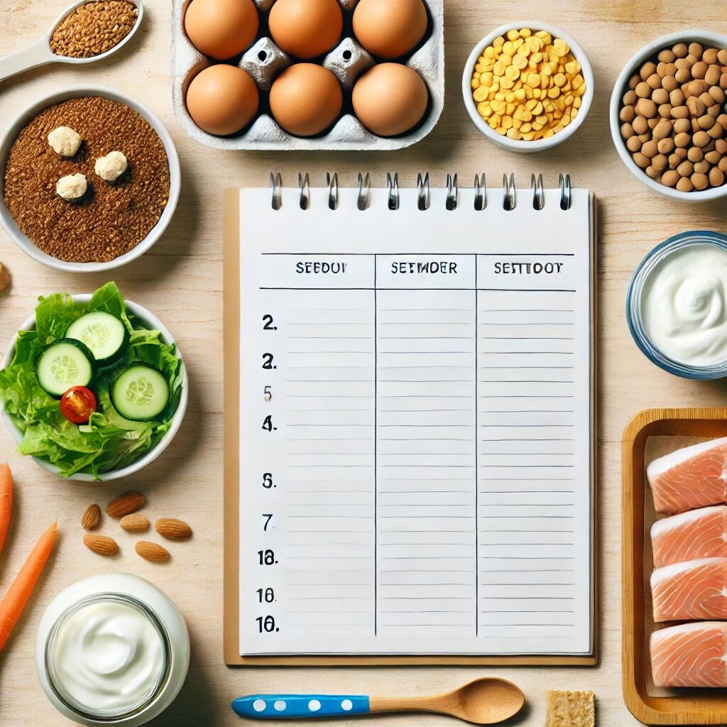 Printable meal planner surrounded by high protein foods for picky eaters, including eggs, lentils, peanut butter, fish sticks, and Greek yogurt on a wooden table