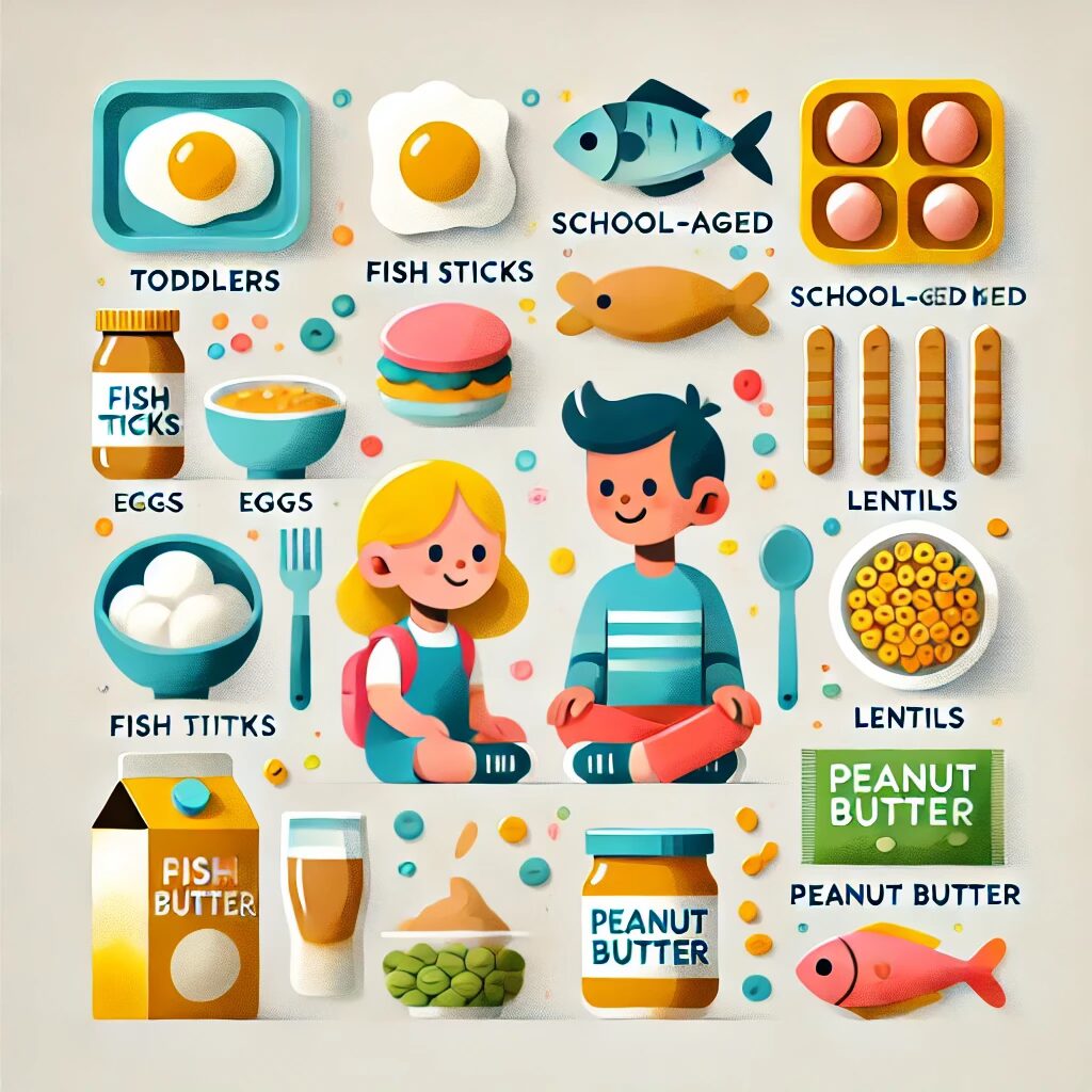 Icons of high protein foods for picky eaters like eggs, fish sticks, lentils, and peanut butter displayed alongside toddler, child, and teen figures.