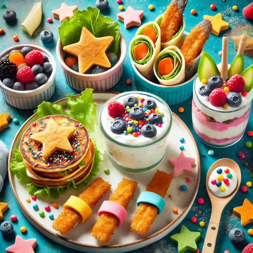 Fun high protein meals for picky eaters, including star-shaped pancakes, fish stick wraps, and Greek yogurt parfaits with colorful berries on a bright table