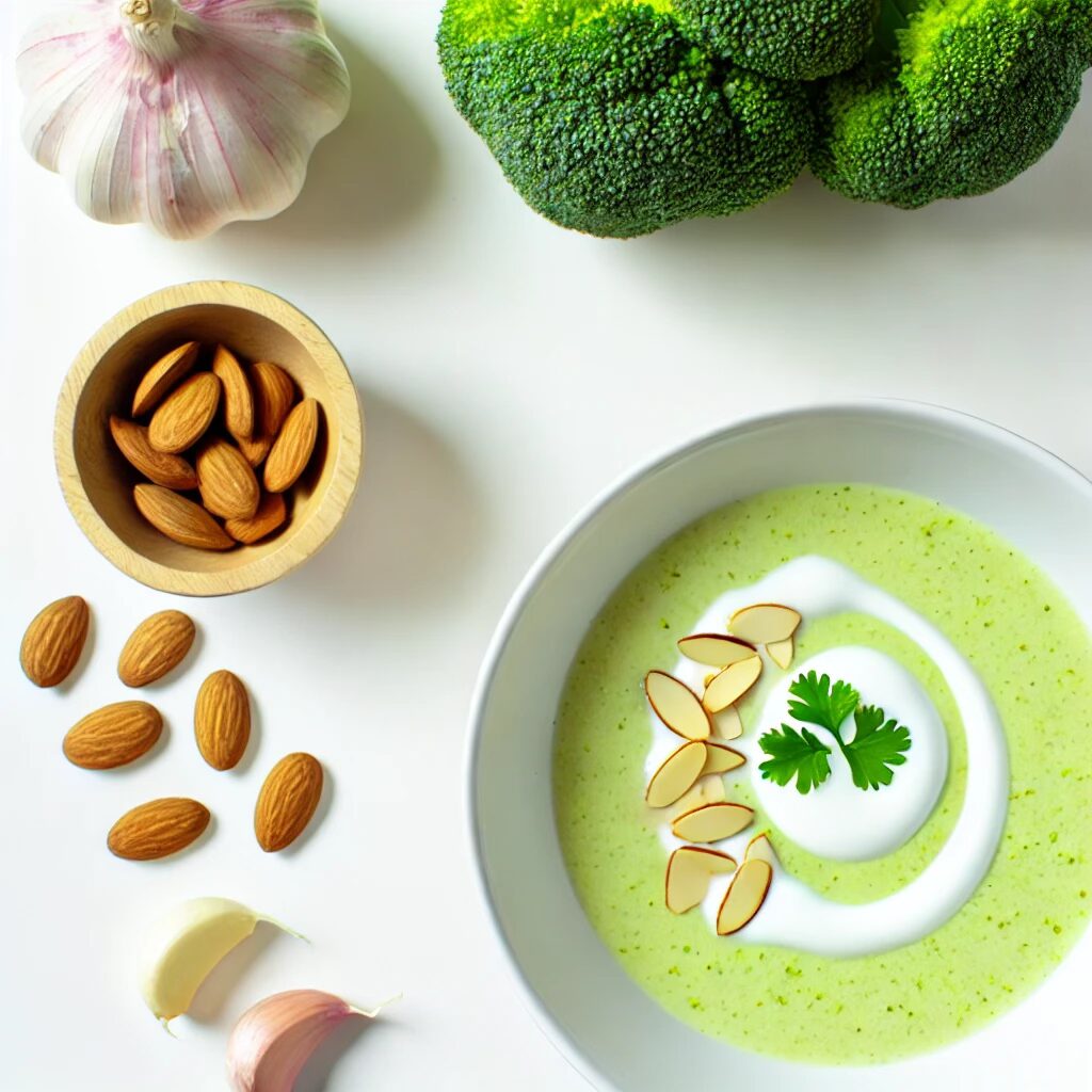 Creamy keto-friendly broccoli and almond soup with coconut milk, paleo high-fat option