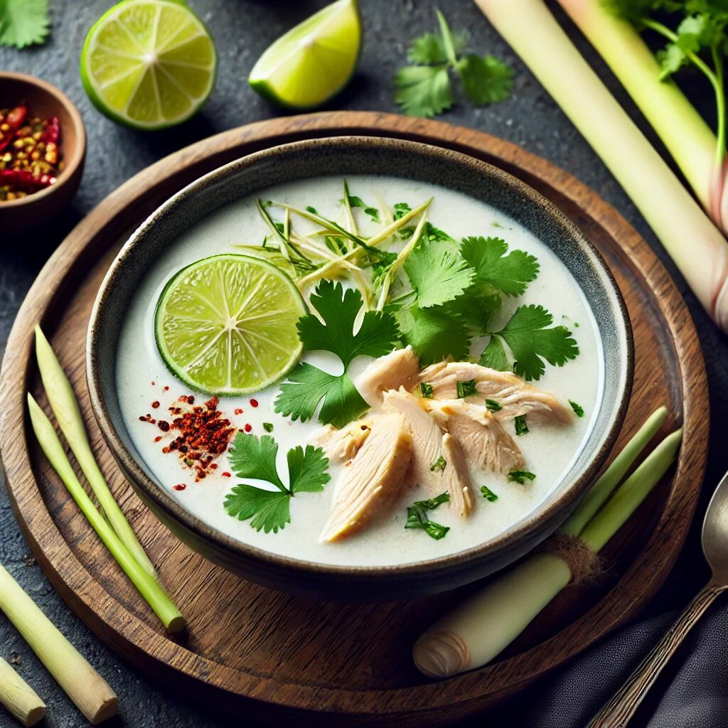 Fragrant Thai coconut chicken soup with lemongrass, lime, and cilantro, paleo low-carb soup